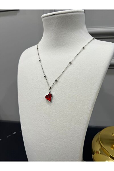 Store Beaded Ball Chain Silver Color Steel Red Heart Necklace