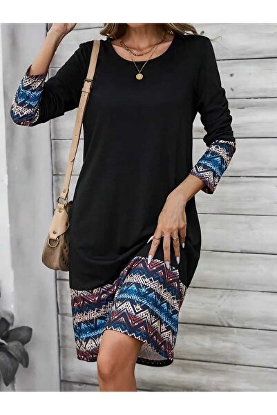 JustFab ✨Women’s Long Sleeve Boho Print Black Casual Dress✨