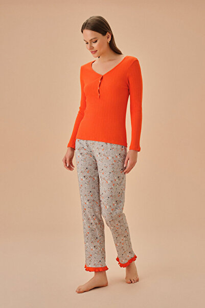 DREAM FASHION Gray Melange Patterned Birdy Pajama Set