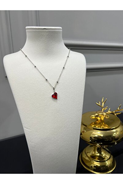 Store Beaded Ball Chain Silver Color Steel Red Heart Necklace