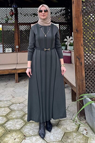 Rabia Şamlı Unique Belted Knitwear Dress Khaki