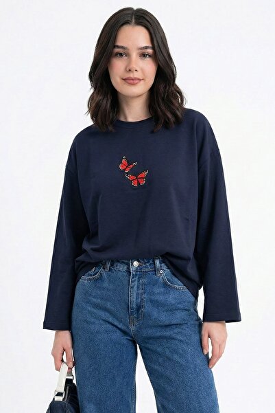 InStyle Butterfly Embroidered Oversized Navy Blue Sweat