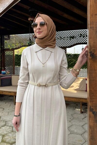 Rabia Şamlı Unique Belted Knitwear Dress Stone
