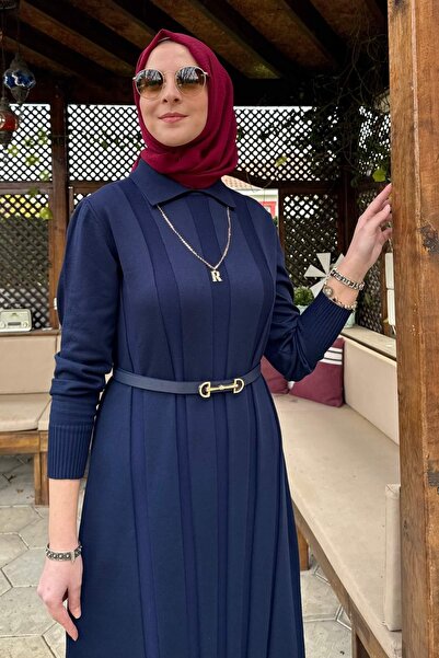Rabia Şamlı Unique Belted Knitwear Dress Navy Blue