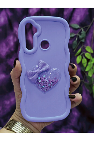 Magic Ring Realme 5İ/6İ Compatible Star Glitter Lilac Phone Case with Heart and Ribbon
