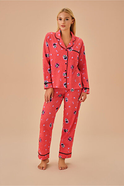DREAM FASHION Red Patterned Panda Shirt Collar Pajama Set