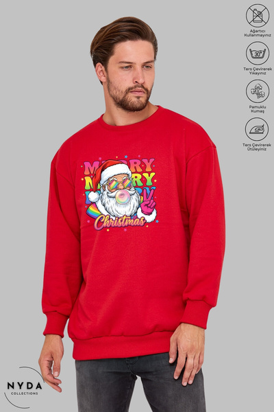 Nyda Collections Unisex Long Sleeve Santa Claus Christmas Printed Crew Neck Hoodless Fleece-Lined Oversized Sweatshirt