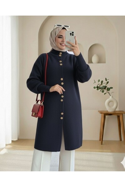 HİJABAYA Buttoned Front Long Bearded Shirt Collar Balloon Sleeve Hijab Soft C...