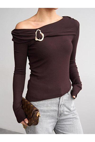 Betül Nayir Asymmetrical Blouse with Accessory Detail - Bitter Brown