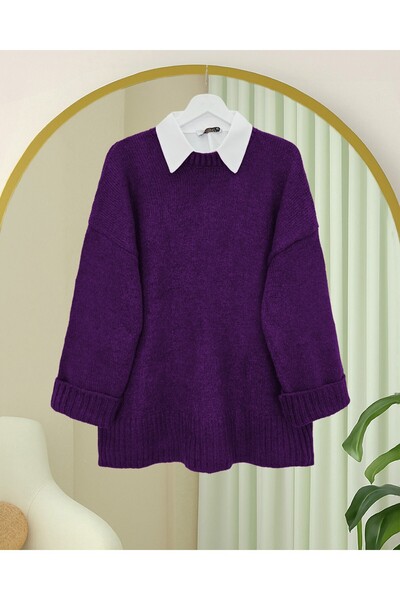 HİJABAYA Crew Neck Skirt Corded Fabric Loose Knitwear Sweater