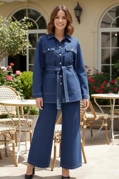 Kirazgym Women's Belted Pocketed Buttoned Denim Suit