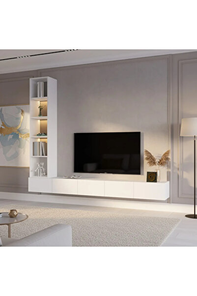 Stylish Home White wall-mounted TV stand with illuminated side shelves - TV81A