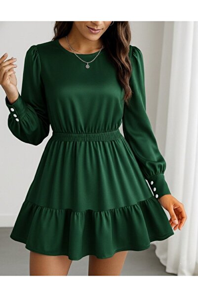 Giyimodam Women's Long Sleeve Crew Neck Ruffled Imported Crepe Dress with Elastic Waist