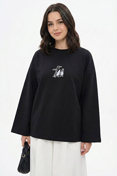 InStyle Penguin Embroidered Oversized Black Sweat