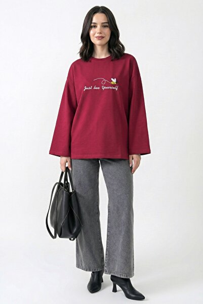 InStyle Bee Pattern Embroidered Oversized Claret Red Sweat