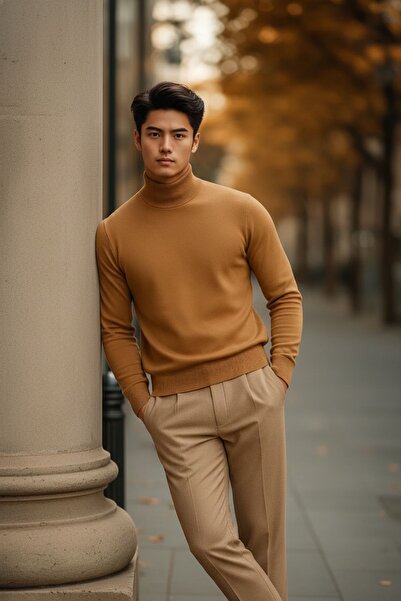 COMBİNE MİCHAİL Ανδρικό πουλόβερ με κανονική εφαρμογή, ψηλό λαιμό, καφέ πλεκτό πουλόβερ