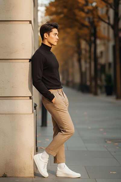 COMBİNE MİCHAİL Men's Regular Fit High Neck Black Knit Sweater