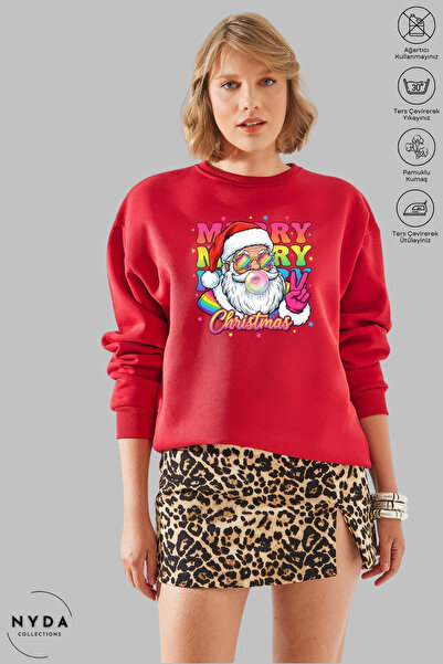 Nyda Collections Unisex Long Sleeve Santa Claus Christmas Printed Crew Neck Hoodless Fleece-Lined Oversized Sweatshirt
