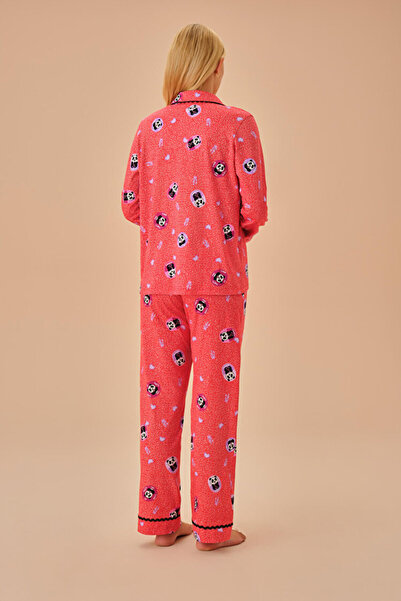 DREAM FASHION Red Patterned Panda Shirt Collar Pajama Set