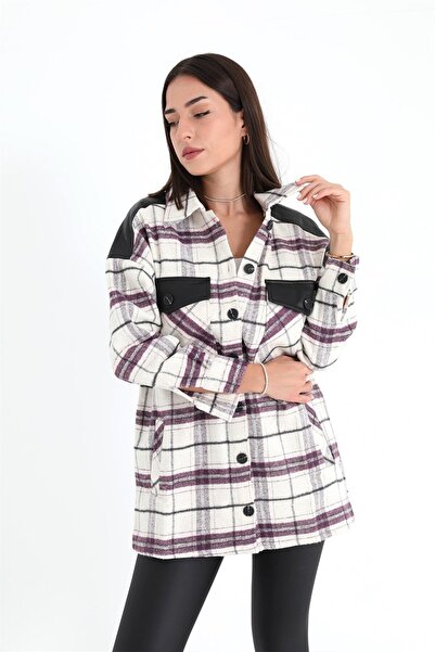 VELİZADE Konfor Modeli Ekose Desenli Deri Detaylı Cepli Oversize Gömlek Düğme...