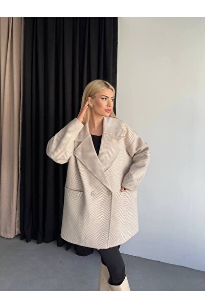 ParlaMira Women's Beige Herringbone Striped Cashmere Coat