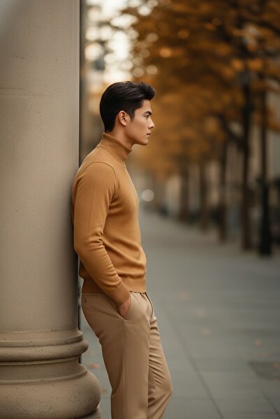 COMBİNE MİCHAİL Ανδρικό πουλόβερ με κανονική εφαρμογή, ψηλό λαιμό, καφέ πλεκτό πουλόβερ