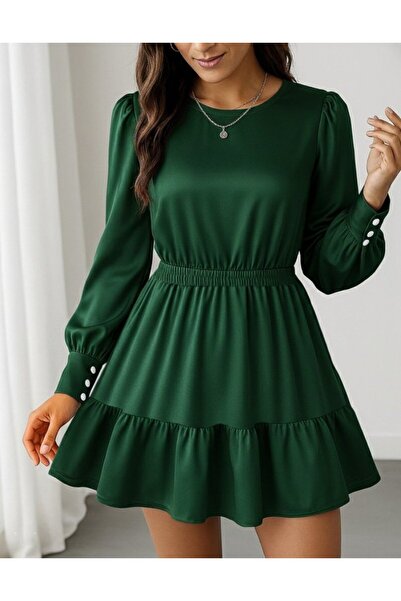 Giyimodam Women's Long Sleeve Crew Neck Ruffled Imported Crepe Dress with Elastic Waist