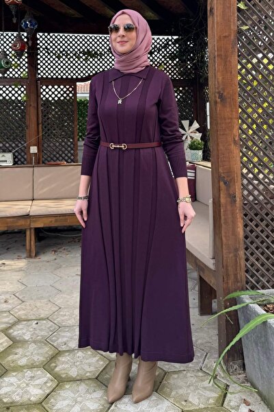 Rabia Şamlı Unique Belted Knitwear Dress Plum