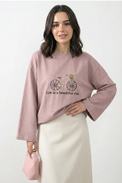 InStyle oversized Dusty Rose Sweat με γραπτό κέντημα ποδηλάτου