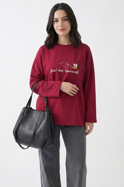 InStyle Bee Pattern Embroidered Oversized Claret Red Sweat