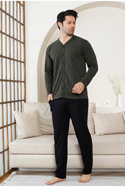 İpek Чоловічий комплект піжами з довгими рукавами та ґудзиками спереду, виготовлений з бавовни
