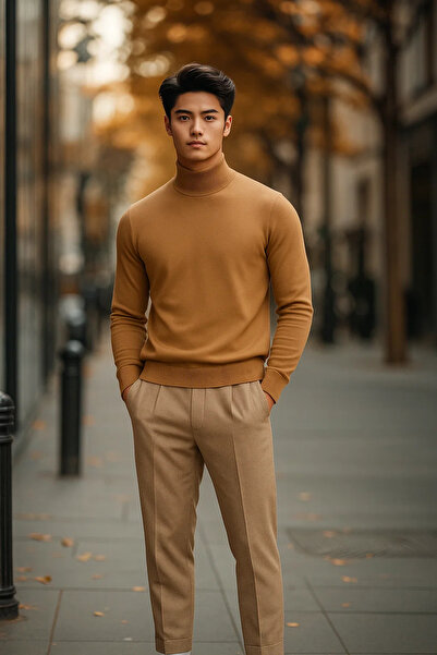 COMBİNE MİCHAİL Ανδρικό πουλόβερ με κανονική εφαρμογή, ψηλό λαιμό, καφέ πλεκτό πουλόβερ