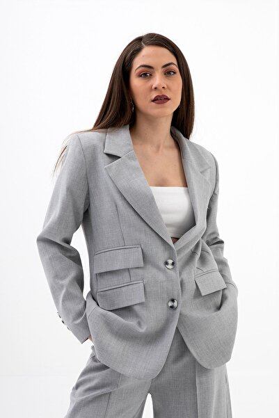 VELİZADE Jachetă de damă gri închis, cu guler dublu, cu nasturi, căptușită, c...