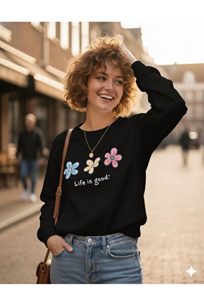 BUWOM سترة رياضية بياقة دائرية مطبوعة بزهور 'الحياة جيدة'