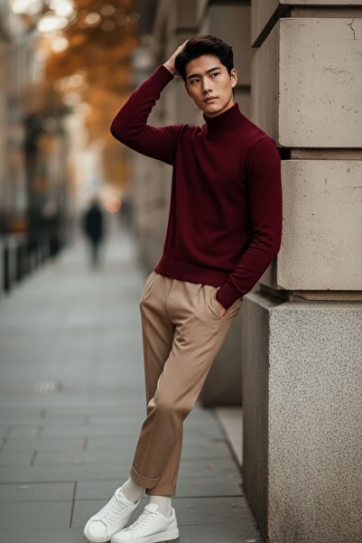 COMBİNE MİCHAİL Ανδρικό πουλόβερ με κανονική εφαρμογή, ψηλό λαιμό, μπορντό πλεκτό πουλόβερ