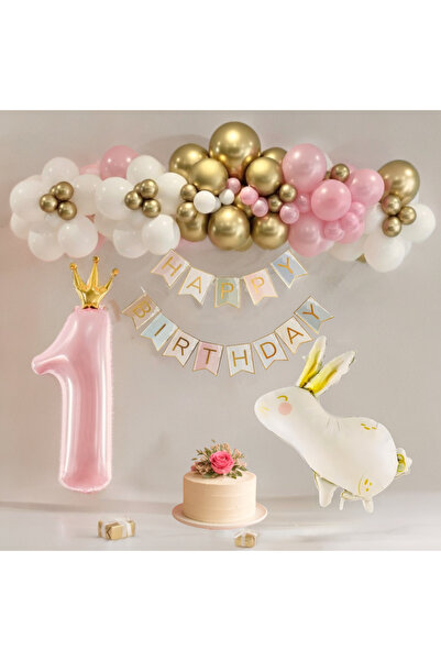 Öztürkpartievi Pembe & Gold Tavşan Temalı 1 Yaş Doğum Günü Parti Seti – Tavşa...