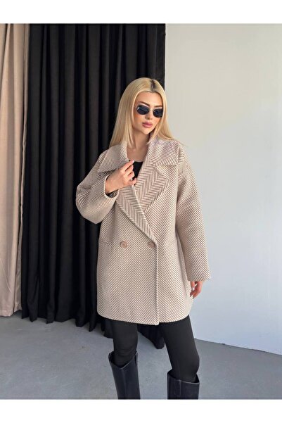 Ağgez Women's Caramel Color Fish-Scale Striped Cashmere Coat