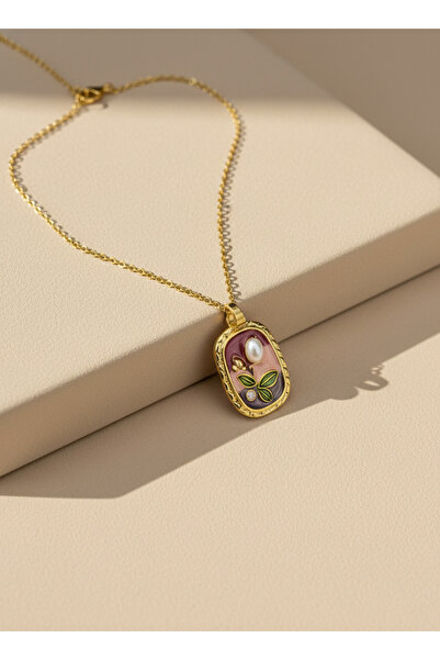 GKCBijoux 316L Çelik Gold Mineli İncili Vintage Madalyon Kolye