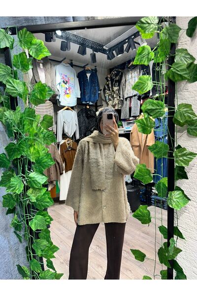 huhu Plush Cardigan Jacket with Scarf and Buttons