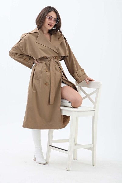 VELİZADE Su Geçirmez Astarlı Taba Rengi Beli Kuşaklı Apoletli Uzun Trençkot C...
