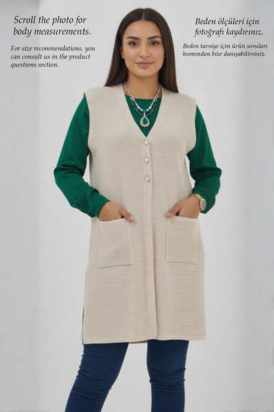 Elvin Women's Knitwear Plus Size Vest Corded Fabric Mother Ecru Vest