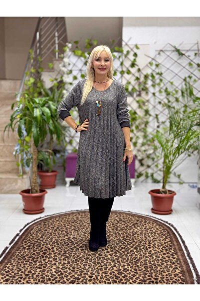 Punta Otantik Nc21419 Necklace and Stone Detailed Pleated Italian Knit Dress Gray