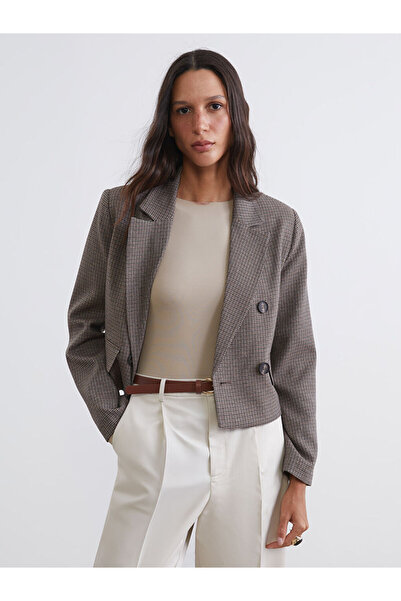 LC Waikiki Brown Houndstooth Patterned Crop Women's Blazer Jacket from Plus-S...