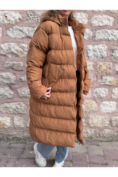 PELTEX Tan Midi Length Pocket Detailed Plus Size Puffer Coat