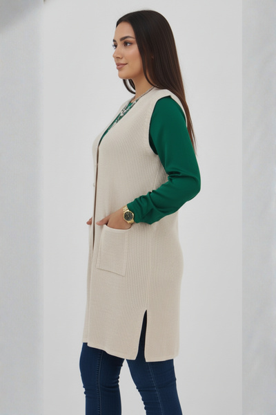 Elvin Women's Knitwear Plus Size Vest Corded Fabric Mother Ecru Vest