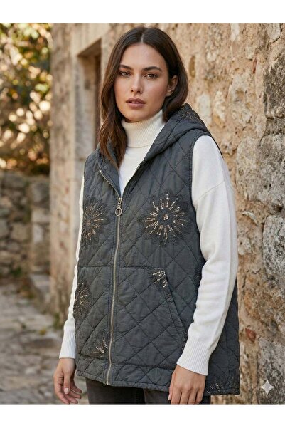 Punta Otantik Nc61586 Floral Pattern Hooded Quilted Italian Vest Gray