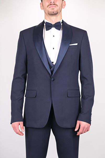 SERKAN SEVİNÇ Slim Fit Erkek Şal Yaka Krep Kumaş Yelekli Smokin