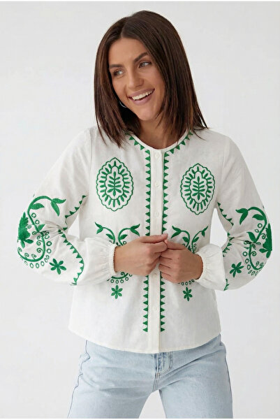 FEMELLE Women's Green Embroidered Cotton Shirt with Elasticated Cuffs