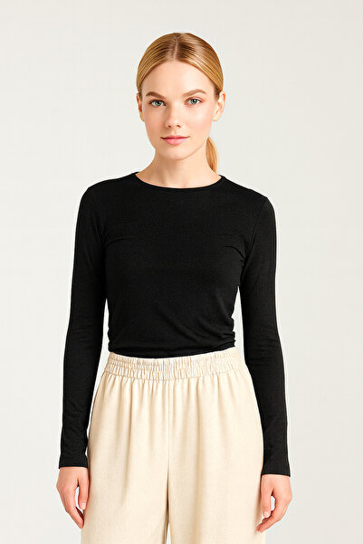 LUMİZA Soft Touch Women's Black Round Neck Flexible Casual Blouse