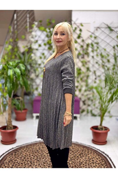 Punta Otantik Nc21419 Necklace and Stone Detailed Pleated Italian Knit Dress Gray